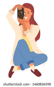 Woman photographer with photo camera, creative profession vector. Girl with digital device do photo, photoshooting and photoset, photography or photograph