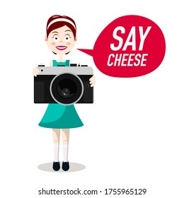 Woman Photographer with Retro Mirrorless Camera and Say Cheese Text in Speech Bubble Isolated on White Background - Vector