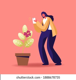 Woman Photographer Shoot Flower on Smartphone Photo Camera, Making Picture of Blossom. Creative Hobby, Traveling, Female Character Having Rest on Nature, Outdoor Activity. Cartoon Vector Illustration