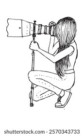 woman photographer take a photo using DSLR and tele lens attatched, vector illustration