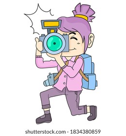 a woman photographer is taking a photo. cartoon illustration sticker emoticon