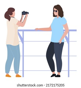 Woman photographer taking photo session to stylish female near metal fence vector flat illustration. Female posing for photo camera shooting video photographing outdoor on bridge isolated