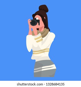 woman photographer taking picture with camera female journalist reporter shooting professional occupation concept cartoon character portrait flat blue background