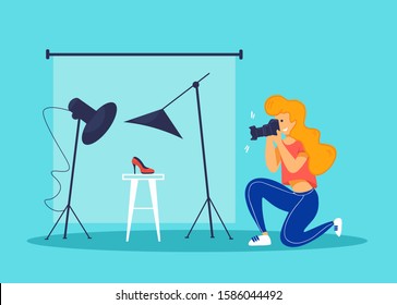 Woman photographer taking picture of fashionable female red high-heeled shoe in photo studio. Advertising fashion photographer at work concept. Vector illustration.