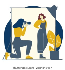 A woman photographer taking pictures of another woman in a studio. Vector illustration in flat art style