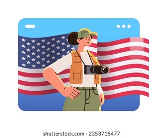 woman photographer young girl with camera posing near usa flag happy labor day celebration concept