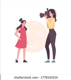 A woman photographs a child on a camera with a flash. Mother takes a photo of her teenage daughter. Cartoon characters, photos from a parent. Vector, flat style, isolated.