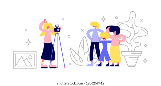 A woman photographs a family at a photographic studio. Flat vector illustration