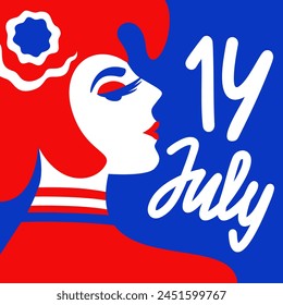 Mujer con gorra frigia. Ilustración aislada de Vector minimalista en colores de la bandera francesa con letras. 14 de julio. Día de la Bastilla.