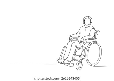 Woman with physical disability sitting in wheel chair in continuous one line drawing. Single line art illustration of disabled person on wheelchair. Editable vector.