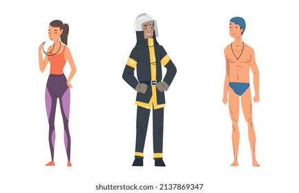 Woman Physical Education Teacher with Whistle and Man Firefighter Vector Set