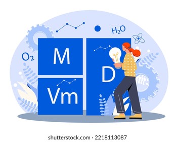 Woman with physics. Poman with light bulb on background of signs of elements of molecules. Education and training, science and experiments. Poster or banner. Cartoon flat vector illustration