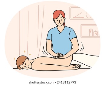 Woman physiotherapist do manual massage to male client in salon. Masseuse massaging patient back for stress or pain relief. Relaxation concept. Vector illustration.