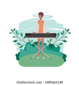 woman with piano keyboard and branches and leaves in the background