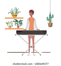 woman with piano keyboard and houseplants on macrame hangers of background