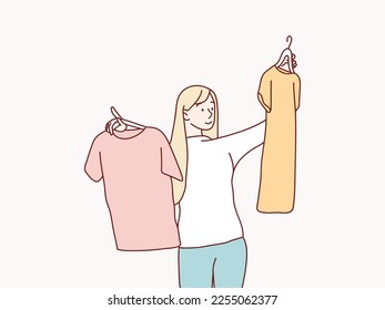 Woman pick her fashion outfit after the shopping simple korean style illustration