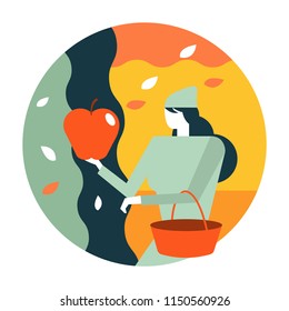 Woman picking apples in the garden. Autumn scenery and activity. flat  icon design illustration vector