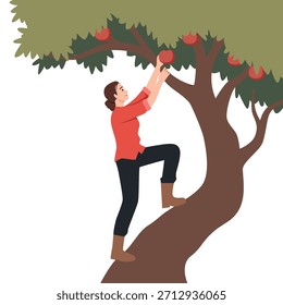 Mujer recogiendo manzanas de un árbol. Ilustración vectorial plana aislada sobre fondo blanco