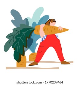 Woman picking carrot vector illustration. Harvesting concept. Agritourism, pick your own concept. Fresh vegetables concept. Vector illustration in abstract flat style