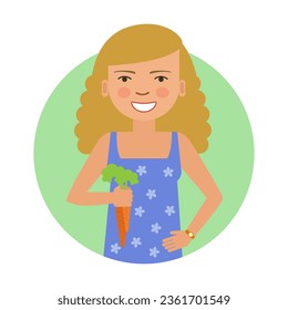Mujer escogiendo zanahorias icono de círculo vectorial plano. Chica feliz con el pelo largo y rojo vestido de verano claro con verduras del jardín aisladas de fondo blanco. Actividades, concepto de agricultura