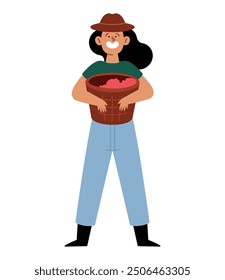 woman picking coffee with basket isolated