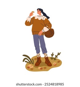 Woman picking, collecting mushrooms in fall forest. Happy female mushroomer gathering seasonal fungi, walking in autumn nature, carrying basket. Flat vector illustration isolated on white background