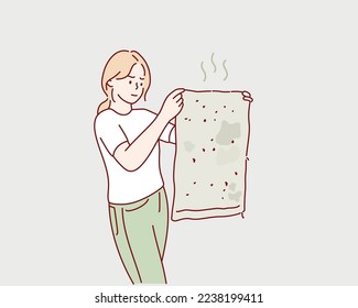 woman picking up a dirty towel. Hand drawn style vector design illustrations.