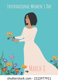 Woman with picking flowers, postcard for International Women's Day. Vector illustration.