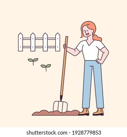 A woman is picking the land with farm equipment. flat design style minimal vector illustration.