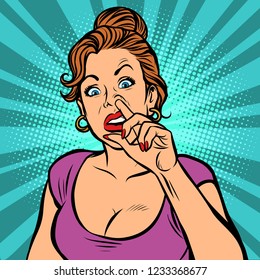 Woman Picking Nose. Comic Cartoon Pop Art Retro Vector Illustration Drawing