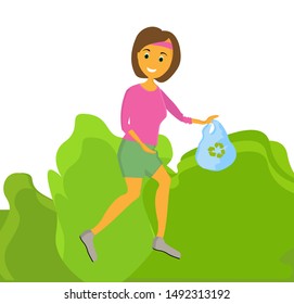 Woman picking up plastic bottles with label, glass and aluminum waste, rotten apple, the process of placing garbage in the bag vector illustration package.