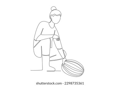 A woman picking a watermelon. Farmer one-line drawing