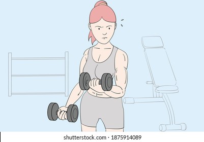 Woman pickup dumbbell in gym. Hand drawn style vector design illustrations.