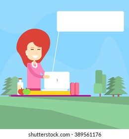 Woman Picnic In Park Use Laptop Computer Chat Bubble Flat Vector Illustration