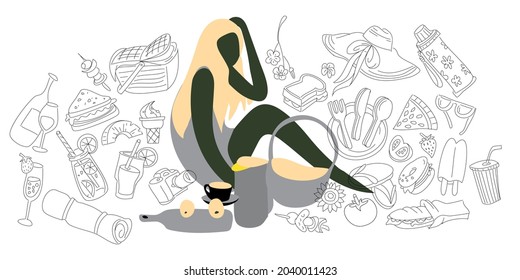  Woman and picnic party element . Outdoor Vacation Freehand Set,vector image background