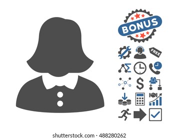 Woman pictograph with bonus elements. Vector illustration style is flat iconic bicolor symbols, cobalt and gray colors, white background.