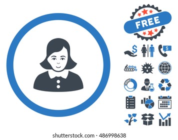 Woman pictograph with free bonus elements. Vector illustration style is flat iconic bicolor symbols, smooth blue colors, white background.