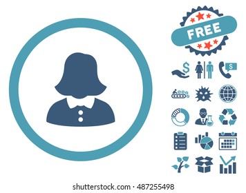 Woman pictograph with free bonus elements. Vector illustration style is flat iconic bicolor symbols, cyan and blue colors, white background.