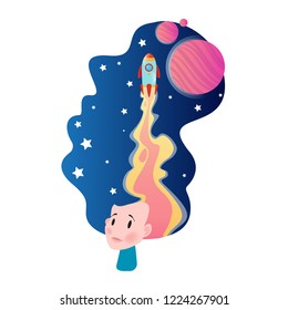 Woman with a picture of the cosmos in her hair. Vector illustration in flat style isolated on white background.