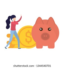 woman with pig and coins isolated icon