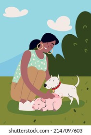 woman with pig and dog pets