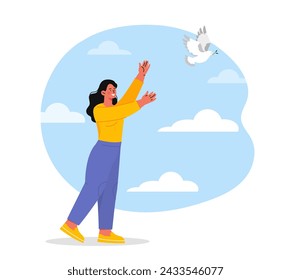 Mujer con paloma. Chica con pájaro blanco en el cielo. Símbolo de paz y libertad. Personaje de liberación animal a libre. Independencia y esperanza. Ilustración plana del vector de la historieta aislada sobre fondo blanco