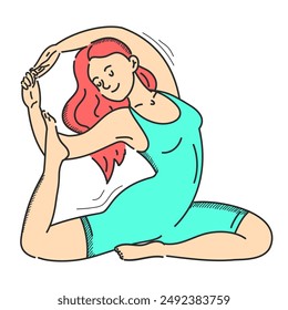 Woman in pigeon yoga pose vector isolated. Doodle illustration of a female character doing yoga exercise. One-legged king pigeon pose. Concept of health and active lifestyle.