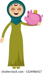 Woman with piggy bank, illustration, vector on white background.