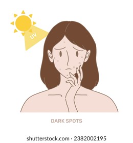 Woman with pigmented spots on face, Sun and UV rays behind. Hand drawn flat cartoon character vector illustration.
