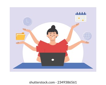 Woman in pigtail glasses in red t-shirt working at home via laptop with multitasking and full job. Files, clock, calendar and internet . Character design. Vector data illustration