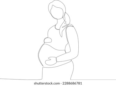 A woman with pigtails is pregnant. Pregnant and breastfeeding one-line drawing