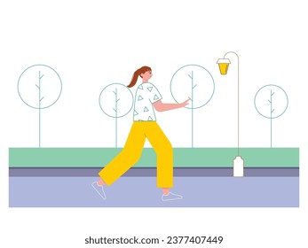 Woman in pigtails wearing yellow pants walking in the park, exercising on the weekend. Character design. Vector flat illustration