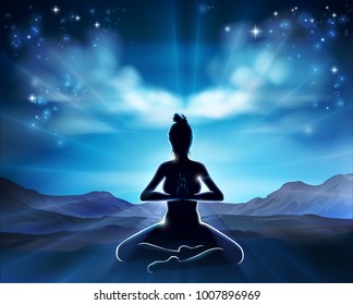 A woman in a Pilates or yoga pose in silhouette with the sunrise behind her background concept