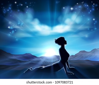 A woman in a Pilates or yoga position in silhouette with the sunrise behind her background concept